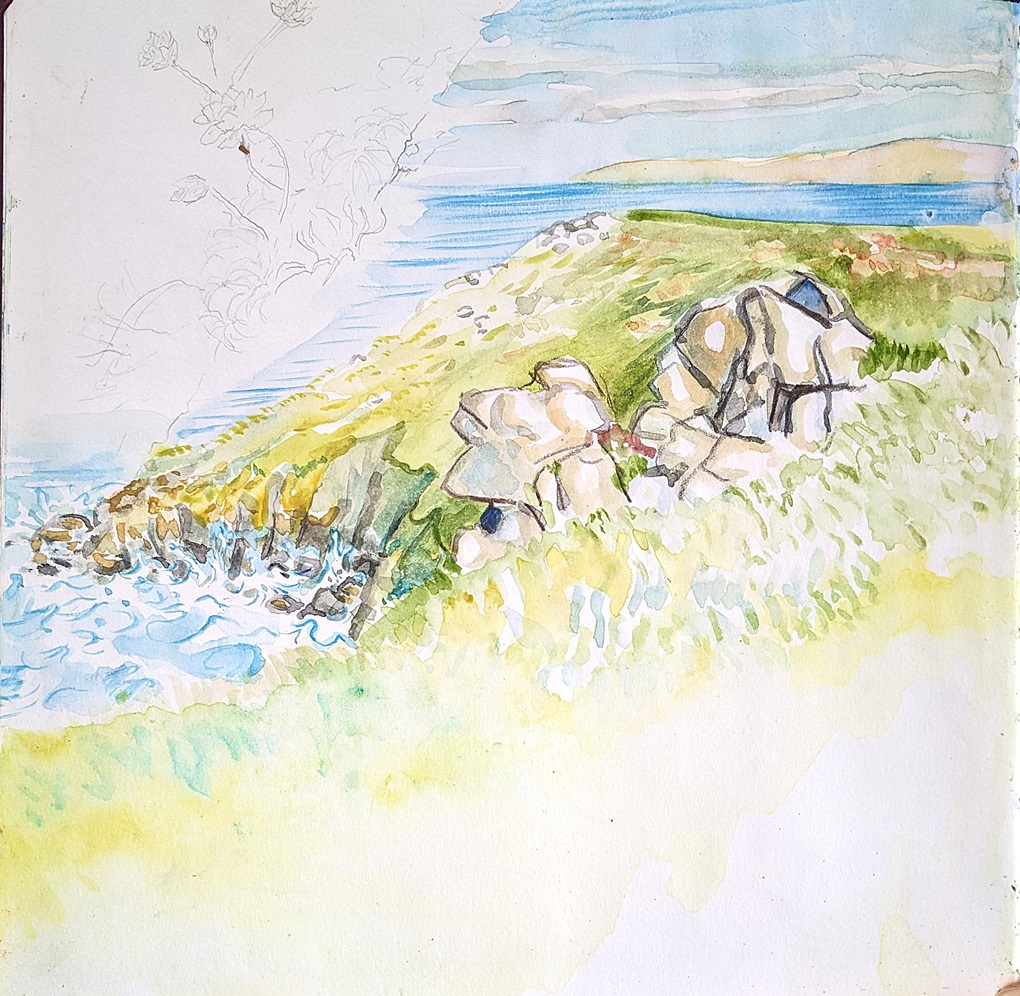 water color painting of cliffs  sea and sky waves crash on rocks at the bottom sunny day